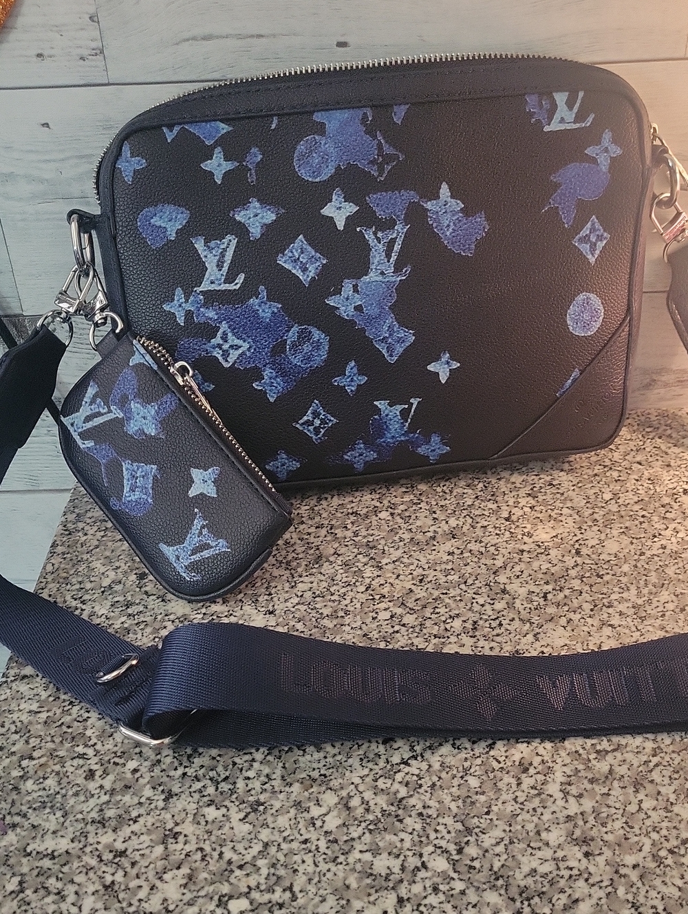 Louis Vuitton Black Crossbody with Blue Monogram Print